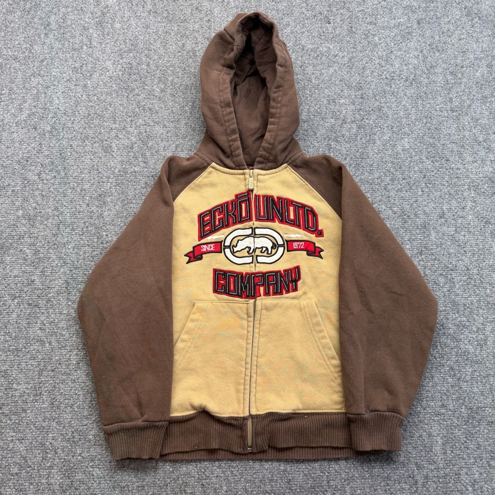 Ecko Unltd Kids Brown Tan Full Zip Hoodie Embroidered Rhino Logo Size 5 Vintage